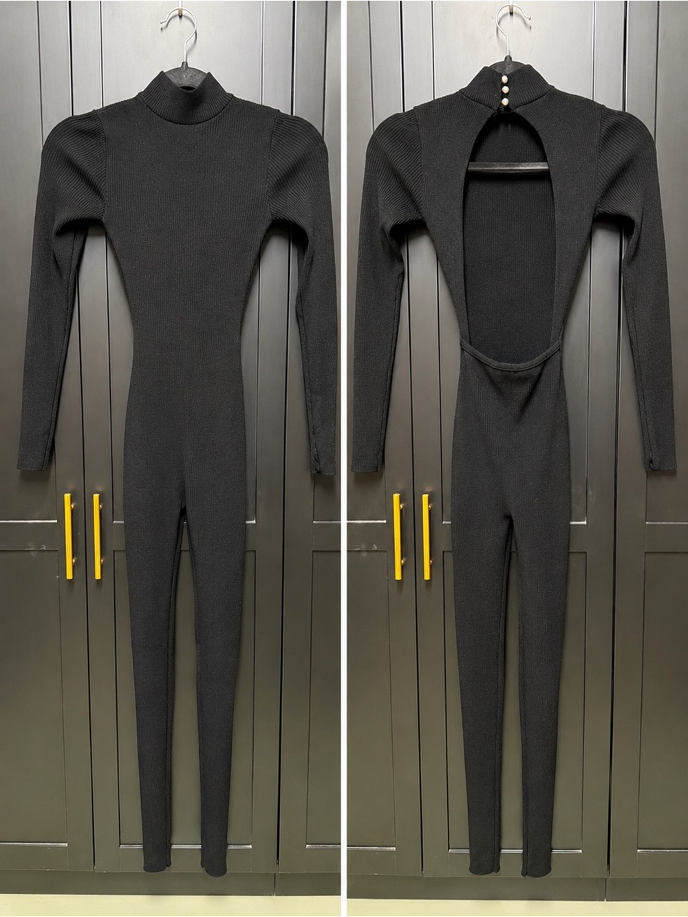 Black Long-Sleeve Open-Back Jumpsuit